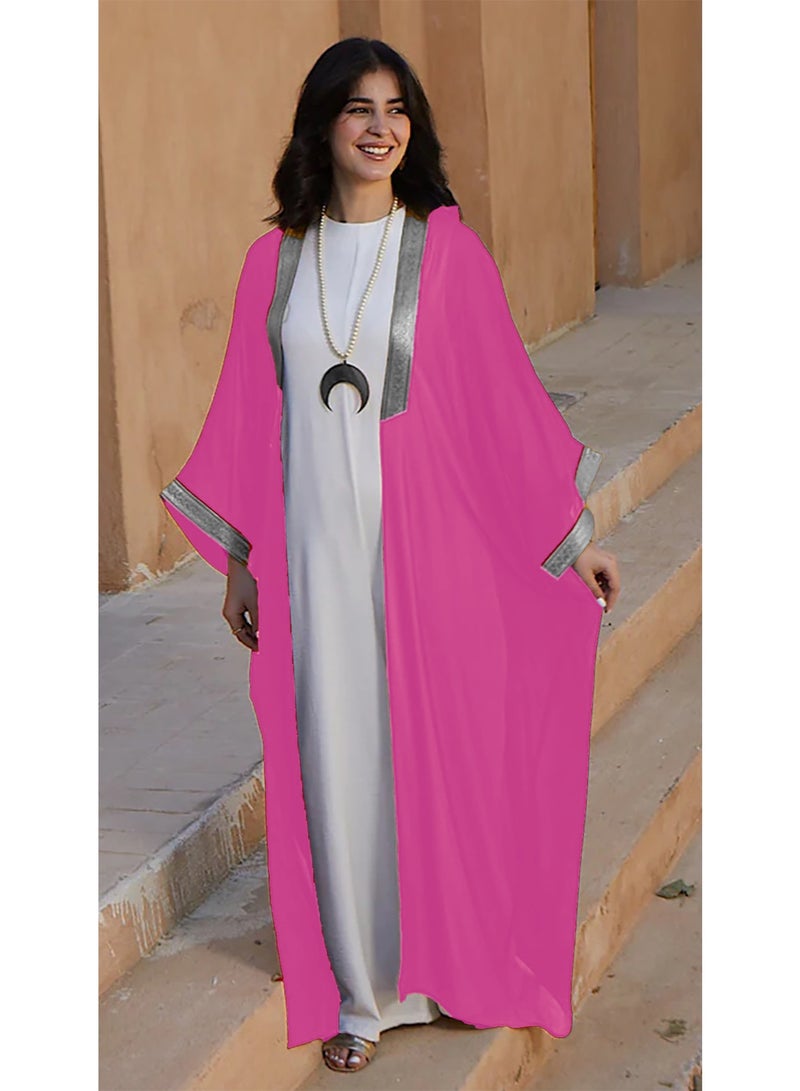 SunSet Kaftan Abaya Silver Embroidered Chiffon Sunset pink - Image 5